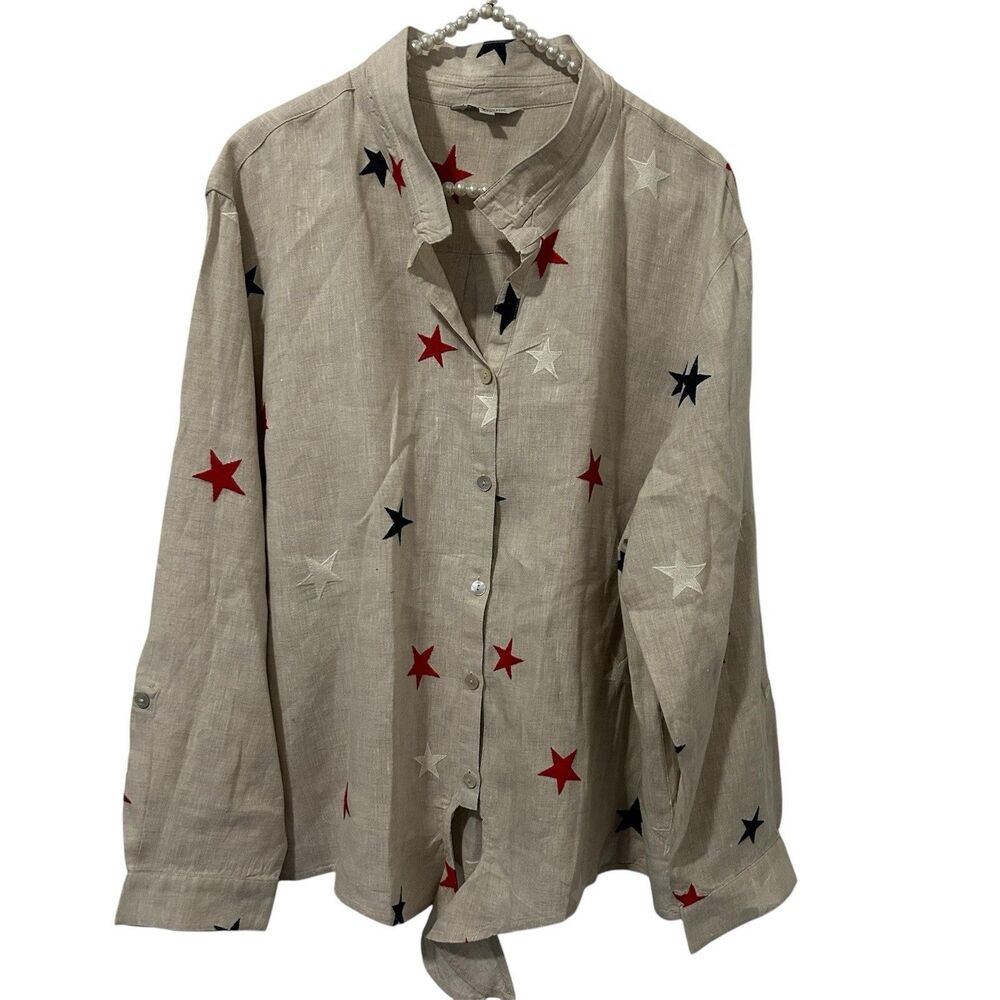 John Mark Womens Top 2X Linen Embroidered Stars Button Up Tie Lagenlook Artsy